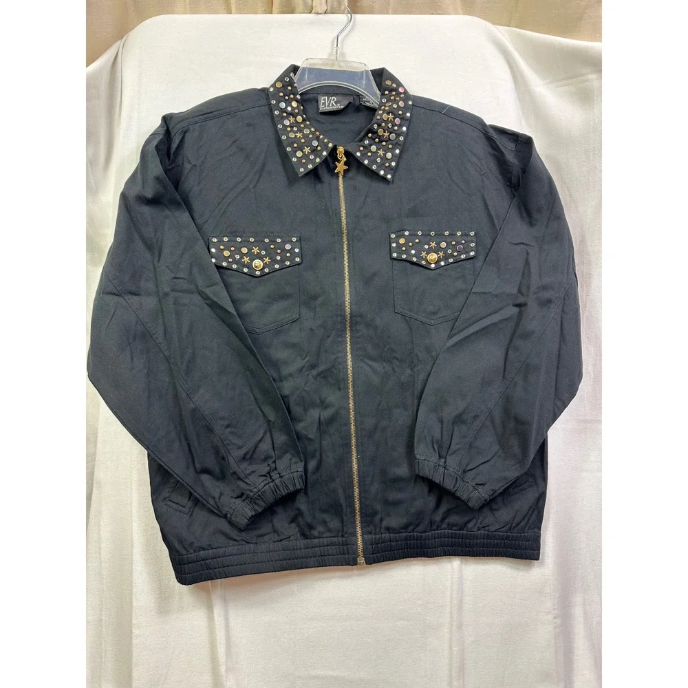 EVR Womens Black Studded Collar Zip Up Jacket‎ Star Charm Embellished Pockets XL